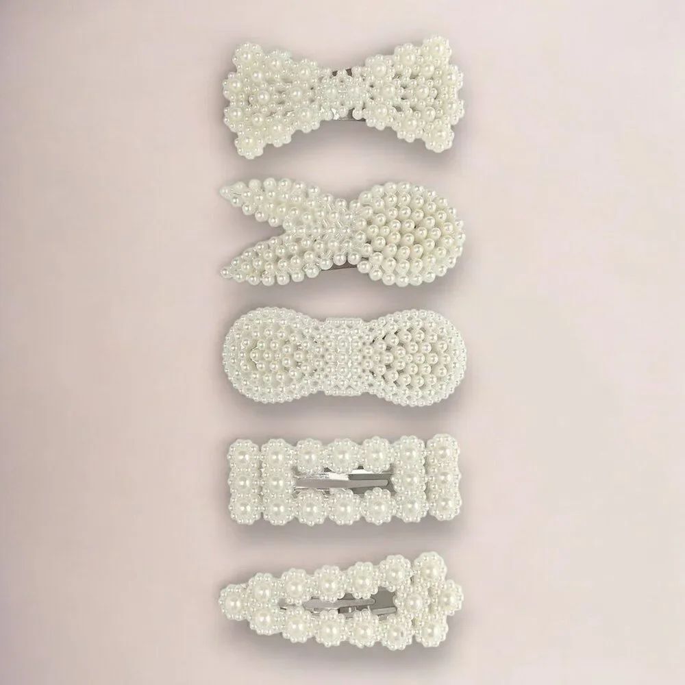 White Pearls Barrette Hair Clips 5pcs